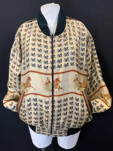 Classic Hermes Style Logo Carriage Silk Jacket: Hermes Style silk Jacket in bronze with the Hermes logo Horse buggy carriage in black reticulated pattern and in brown and yellow. No material label feels like silk and is lined. Zippered