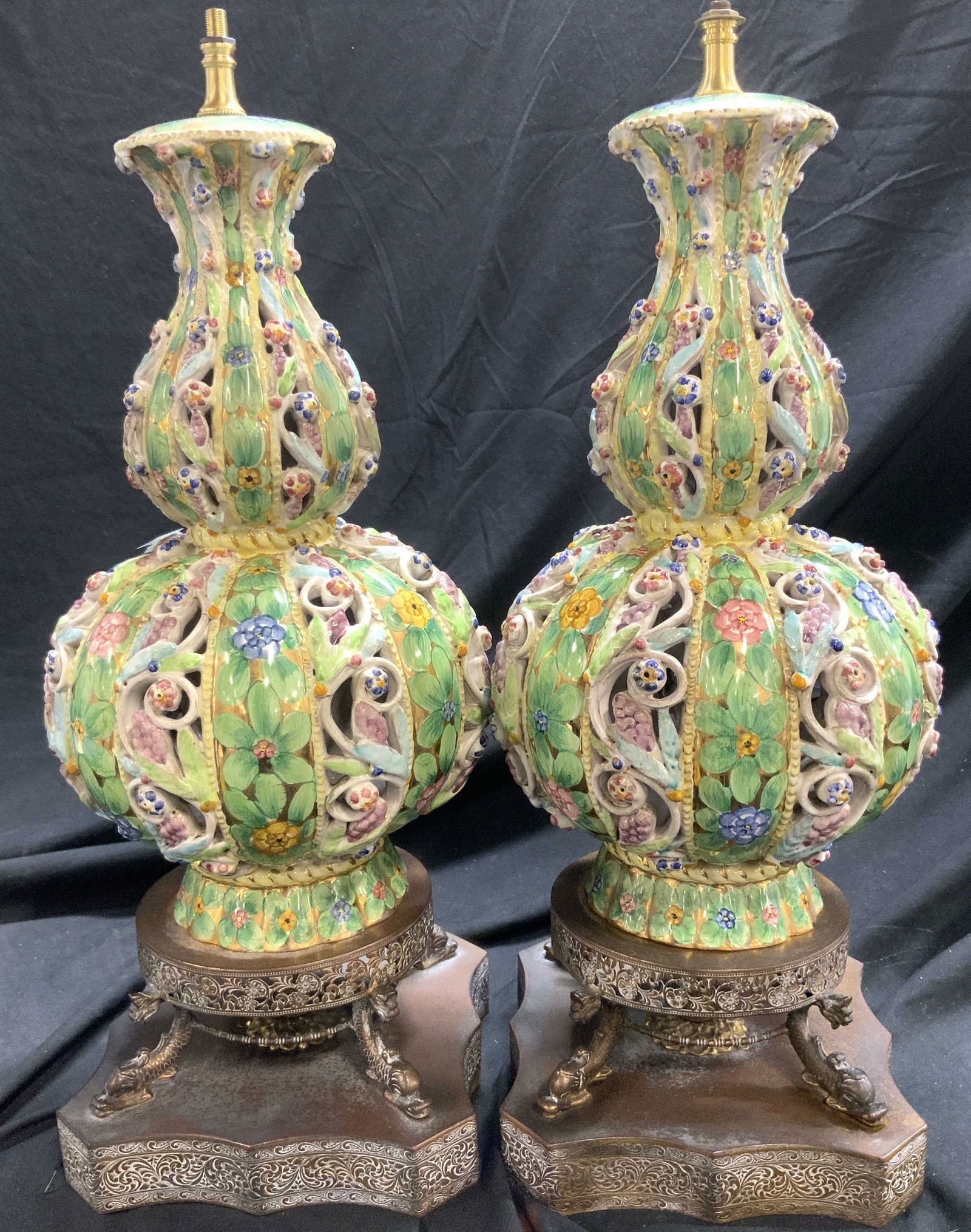 Pr Ornate Painted Porcelain Lamps w Koi Fish Base (1 of 9)