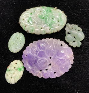 Purple & Green Jadeite Sterling Brooch, Access.5: Carved jadeite jewelry / amulets/ jewelry marking accessories. Purple and clear Jadeite brooch prong set in sterling silver. 1.75 x 1.25 in. Marked sterling. Green and white Jadeite accessory set in s