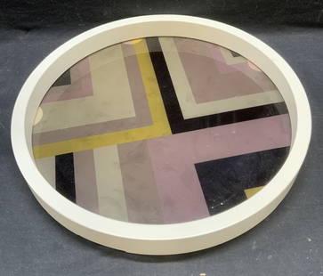 Round White Wood & Striped Glass Tray: Round white wood frame tray with glass base. Abstract striped design in purple, yellow, white, and black. Measures approx. 16.25 x 1.5 inches. Some surface wear including scratching observed.