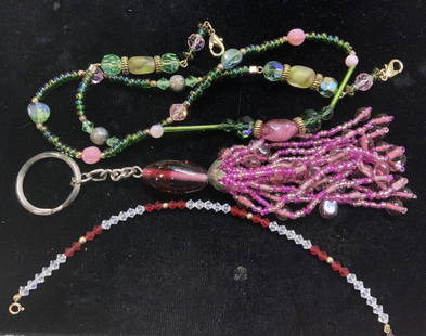 3 Hand Crafted Jewelry & Keychain, 14k Gold Clasp: Hand crafted jewelry and tassel keychain , all hand beaded., Iridescent green bead and glass necklace with 2 lobster clasps, 23.5 in. Long. Can also be used as a wrap bracelet. Pink art glass and