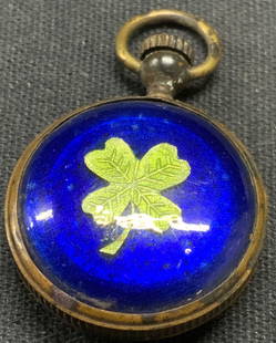 Vintage Enameled Pocket Watch Pendant 4Leaf Clover: Vintage enameled pocket watch pendant. Blue and green enamel with 4 leaf clover motif. Measures approx. 1 inch diameter. Not tested for function. Some surface wear including scratching observed. Estat