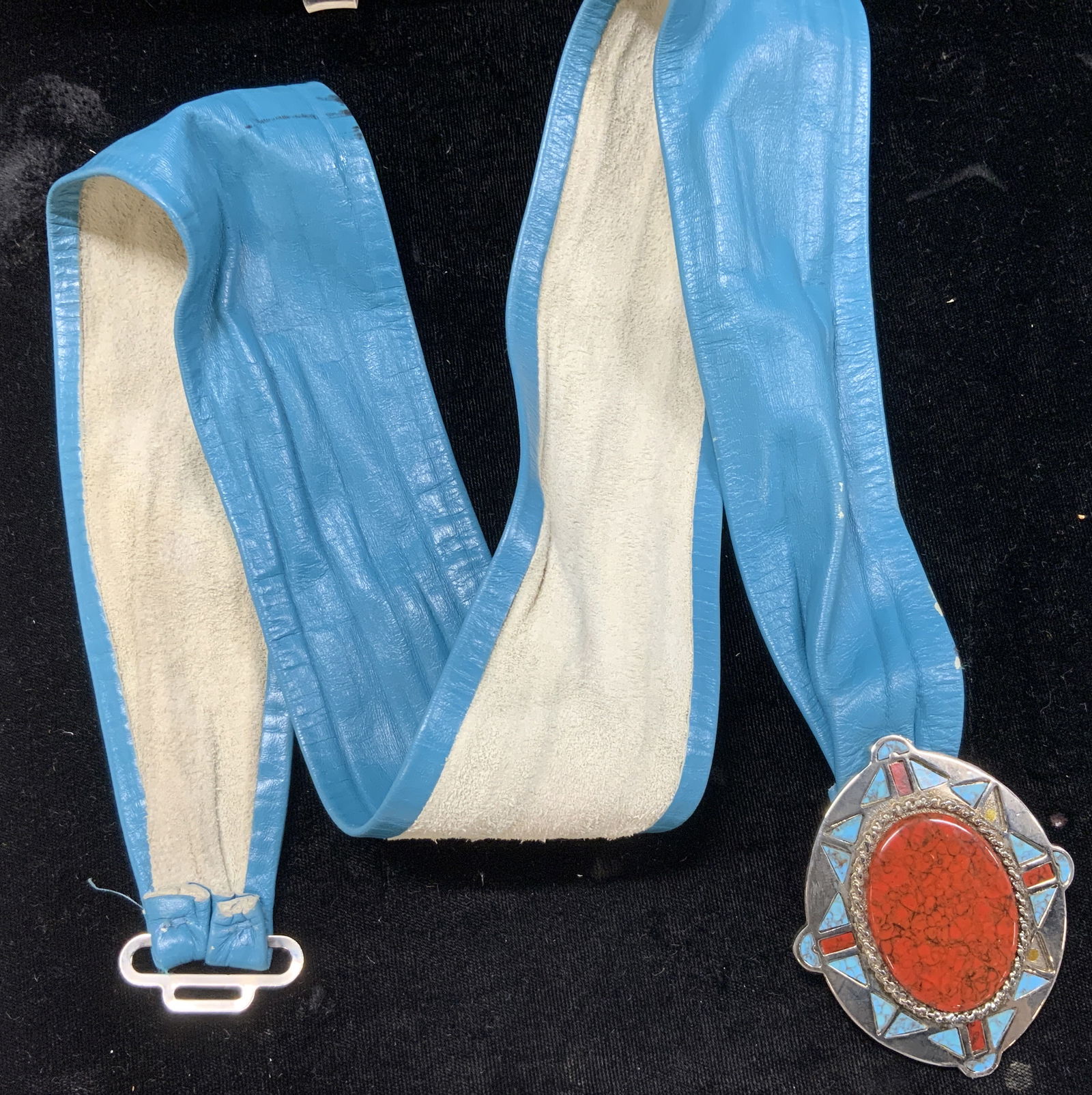 Leather Southwest Belt w Silver Plate Stone Buckle (1 of 7)