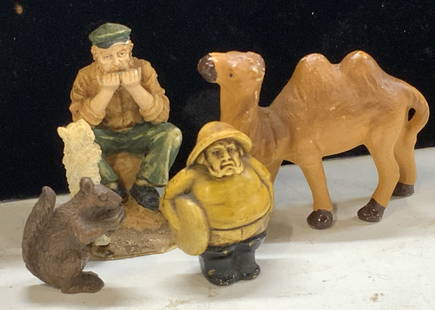 Lot4 Vntg Figurals Camel, Old Salts Harmonica: Ceramic camel , hand painted. Measures 3.5 in. Long x 2.75 in. Tall. Composite squirrel, 1.5 in. Ht., Old Salts Harmonica Player # 1220 compote figural approx 3 in ht., Painted cellulose farmer