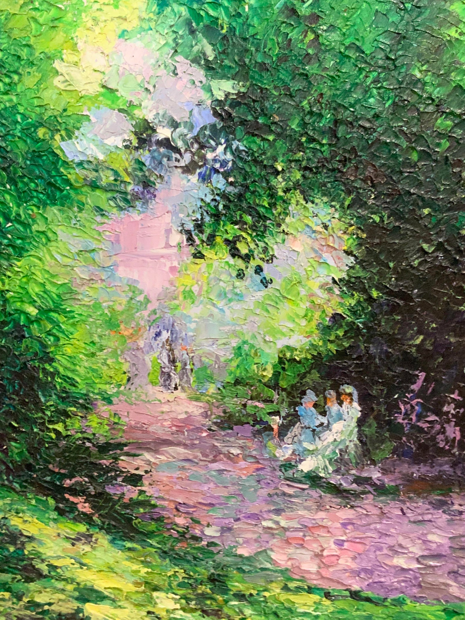 Impressionist Style In The Park Acrylic Painting: Acrylic on canvas painting depicting a forest path with images of ladies in 19th century clothing seated in the side of the path with a pink path and background surrounded by trees in layers of textur