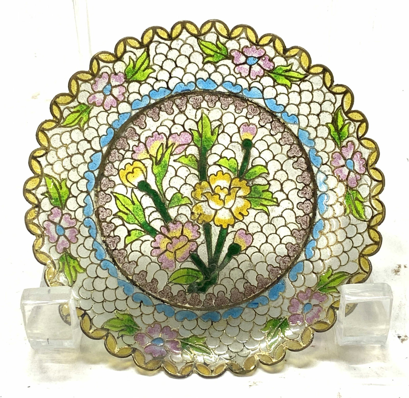 Asian Plique A Jour Cloisonne Glass Plate: Plique A Jour Asian Cloisonne style glass trinket dish/ display plate , 4 in. This is an enameled glass with no back to allow the light to shine through. Each cell Is hand painted . has the look of st