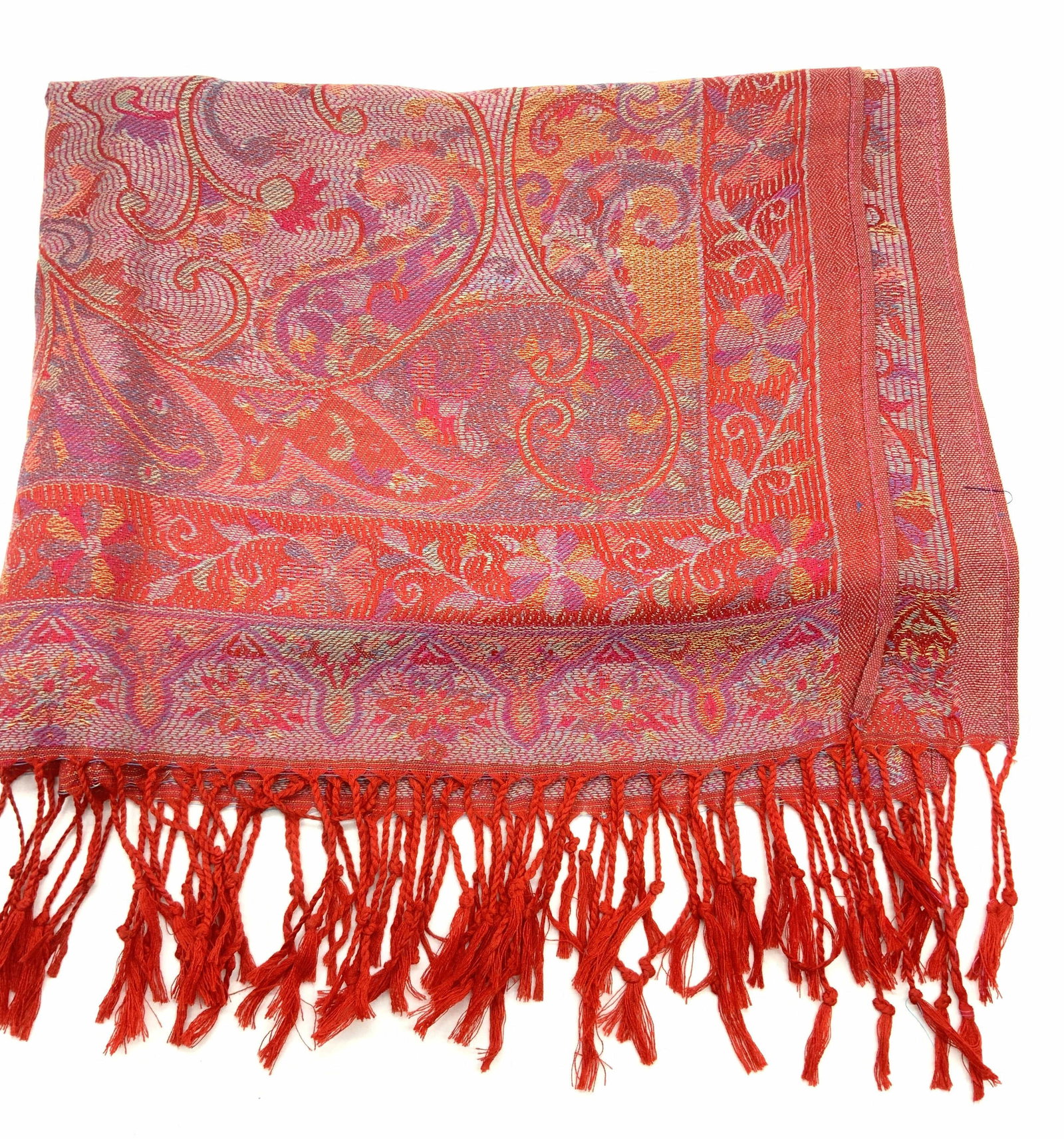 Pashmina & Silk Mughal Luxe Tassel Shawl: Red and purple woven Pashmina brand wrap/ shawl with end tassels and scroll Mughal designs . Labeled. 55% pashmina, 35% silk. Measures 27 x 70 in. Ladies accessories, ladies wearables, ladies fashion,