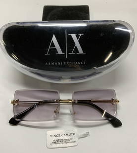 2 Armani Eye Glass Case, Vince Camuto Sunglasses: New with tag are frameless Vince Camuto sunglasses , rectangular glass shape in light shaded purple. Frame measures 5.25 in. Long, 1.5 in. ht. Armani Exchange sunglass case, deep pocket for sports