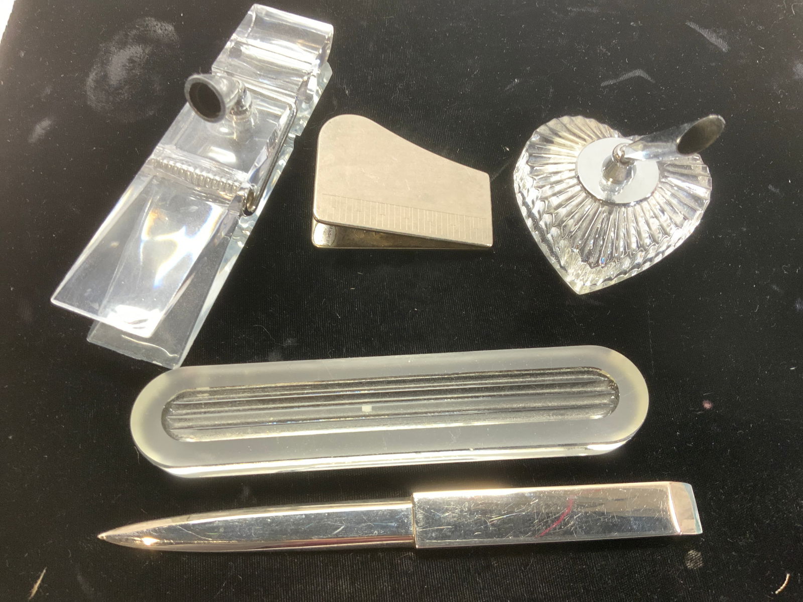 Waterford Irish Crystal, Novelty Desk Access, 5: Heart shape Waterford Crystal pen holder/ paperweight. Original sticker label on underside, .heart measures 2.5 x 2.75 in. Large acrylic clothes pin paper clip and pen holder in one, 5.75 in. Long x 1