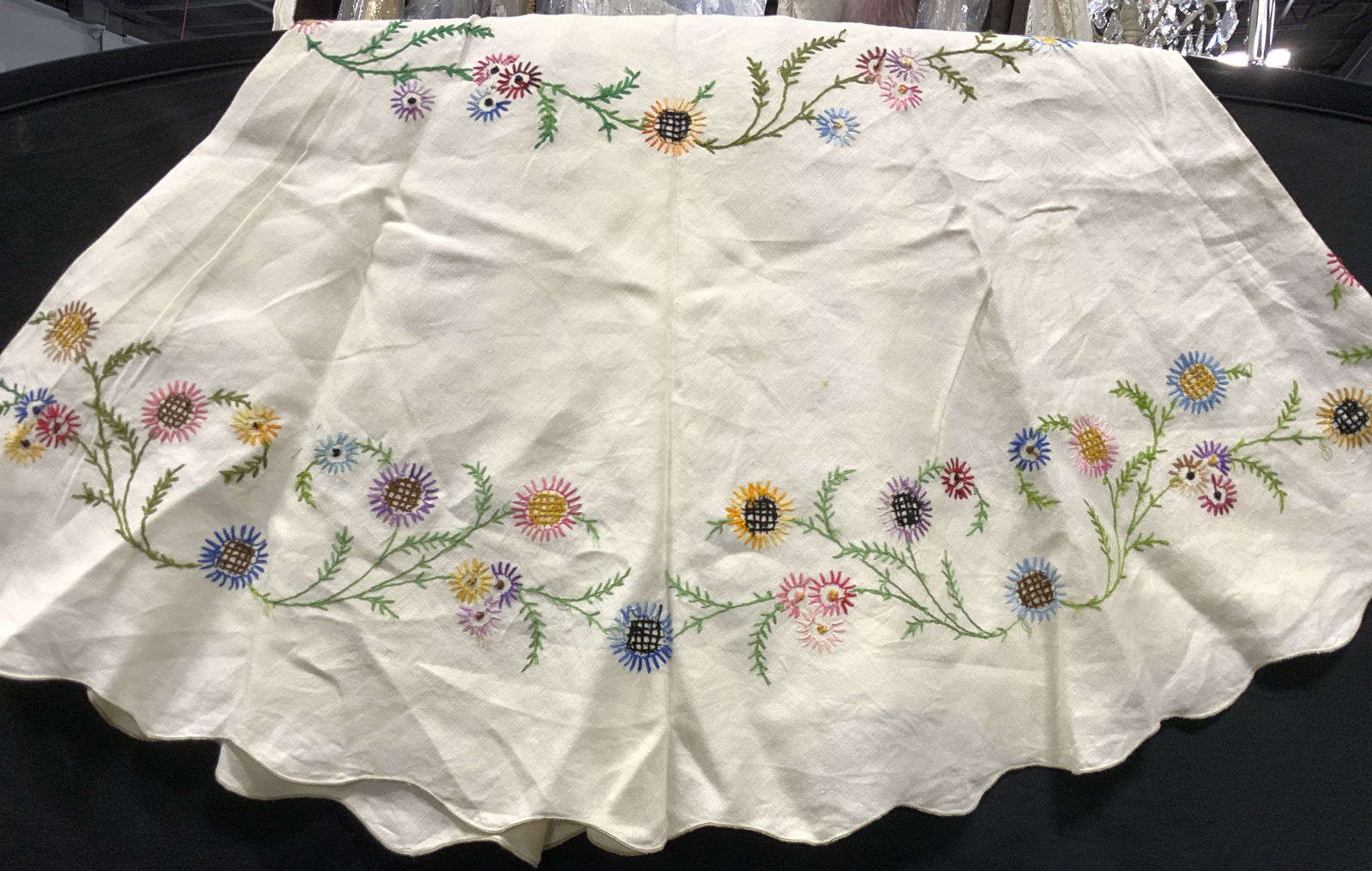Hand Embroidered  Round Linen Tablecloth w Flowers (1 of 7)