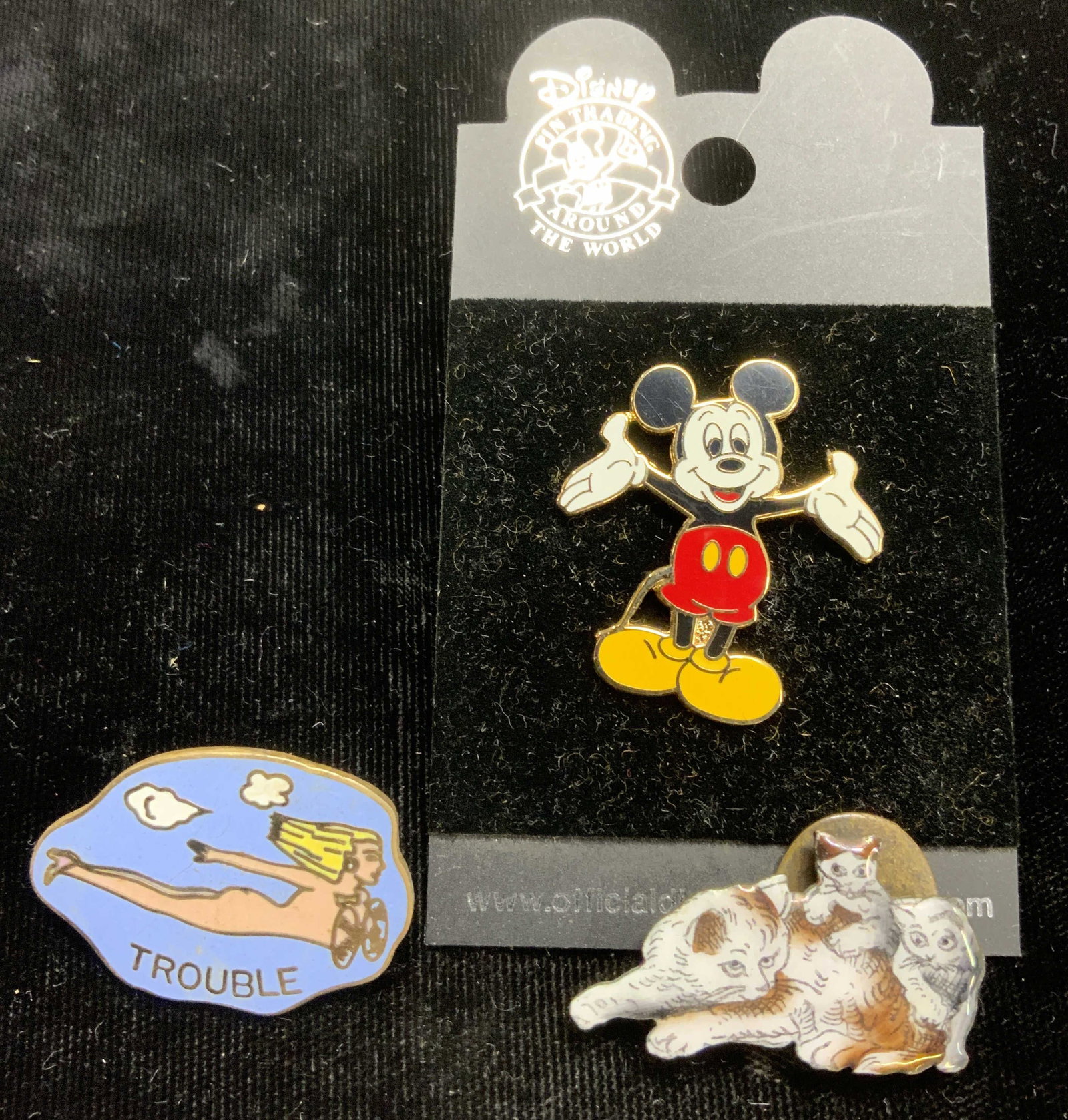 Lot3 Jewelry, Mickey Mouse, Czech Cat +: Vintage and new pins. includes Mickey Mouse enamel pin, new on package , 1.25 x 1.25. Enamel cat with kittens clip, marked made in Czechoslovakia. Enamel art nouveau nude woman pin with the word Troub