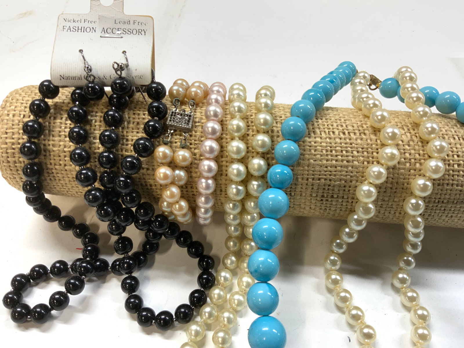 Lot7 Vtg Glass Pearls, Black Glass Necklace +Earrings: Group of beaded necklaces and bracelets which is include vintage glass pearls. white pearl style necklaces ( 7 & 9.5 in. drop), and champagne glass pearl double strand bracelet. Lightweight pink costu