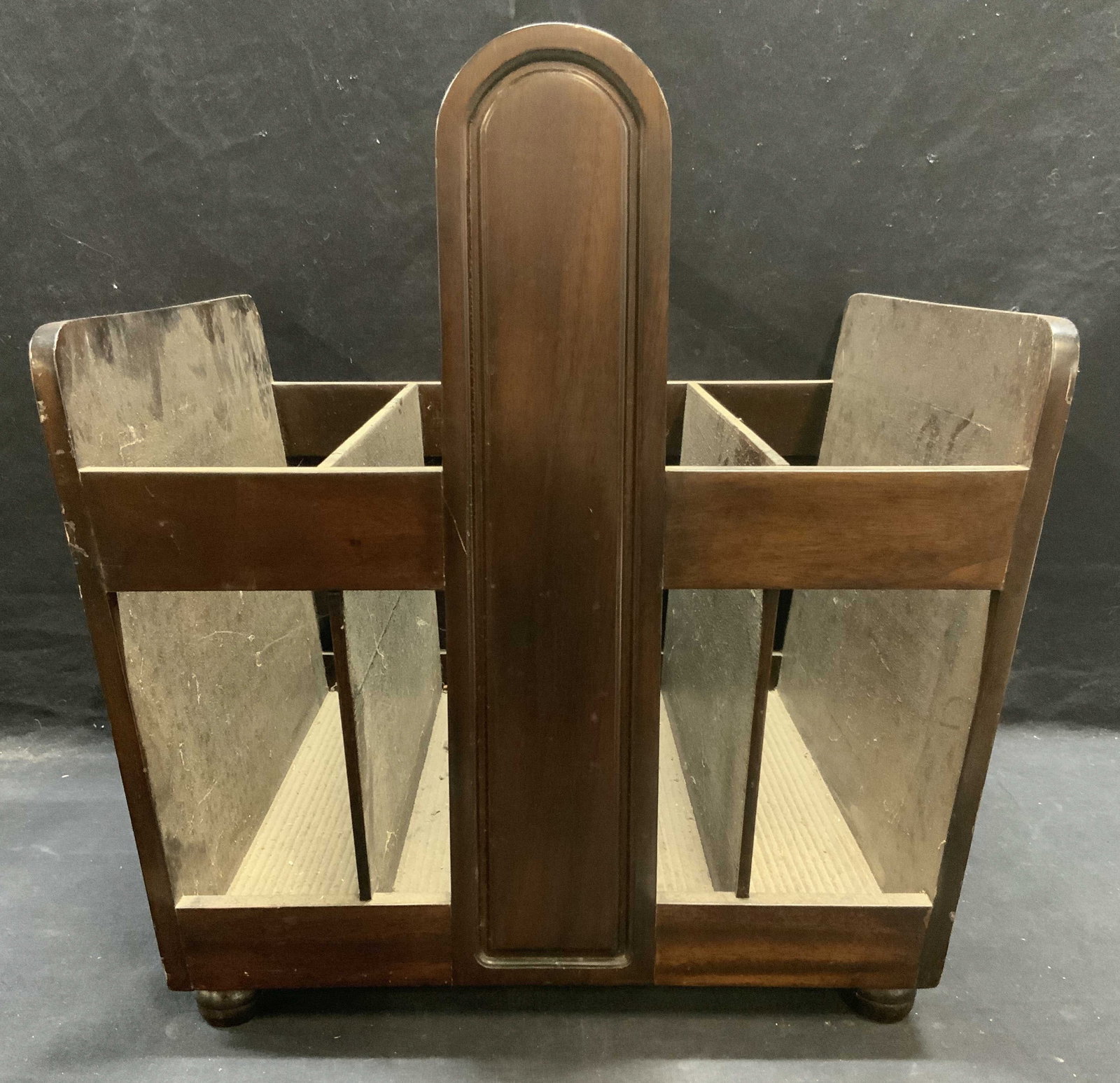 Selmat Designs Brown Wood Magazine Rack: Selmat Designs brown wood magazine rack. Measures approx. 18 x 15 x 16.5 inches. Trademarked to underside. Some surface wear including scratching observed. Selmat designs, Selmat designs magazine rack