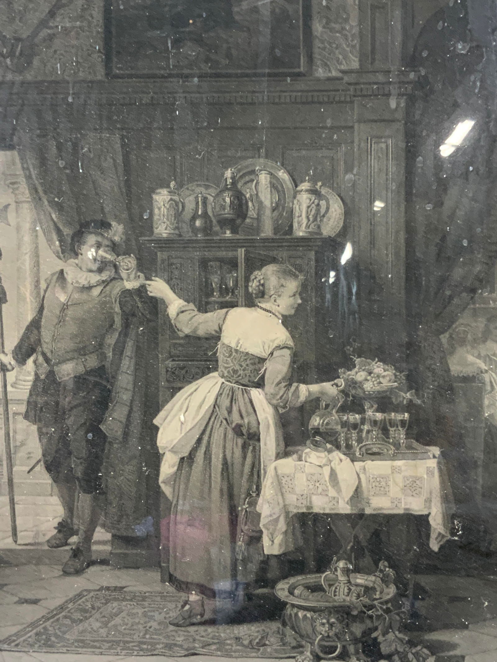 Antq 1870 Der Liebesdienst Framed Engraving: Marked on engraving 1870, antique possibly vintage German engraving titled Der Liebesdienst Depicting a serving girl having handed a cup of wine to a solider, as he drinks she keeps an eye out for him