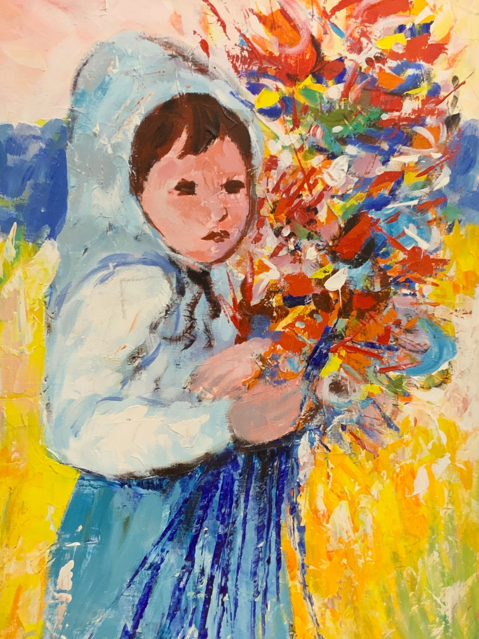 Vtg Girl W Flowers Oil Painting 3ft (1 of 7)