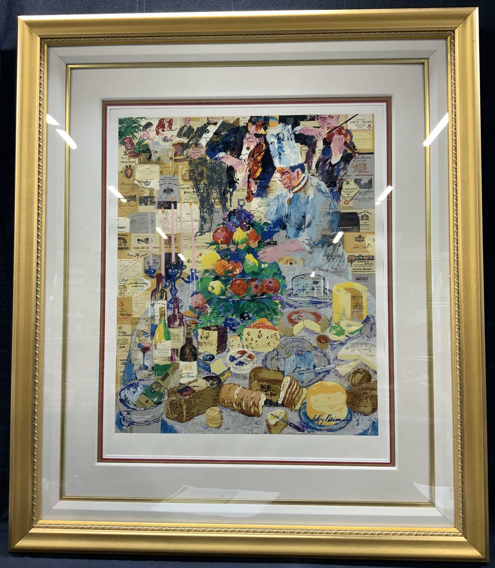 Leroy Neiman Signed Chef Silk Screen 43in: A silk screen with raised elements throughput, depicting a chef setting up a tiered stand with fruits in a table filled with wine, bread and cheeses with waiters in the background. Signed on lower rig