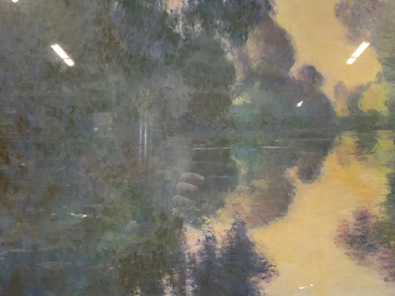 Morning On The Seine Claude Monte Litho: Subject depicts morning on the seine near Giverny by Claude monte, depicting the waterway in blues and yellows Framed in a gold toned wooden frame with off white mat board Approximately 17 x 21 inches