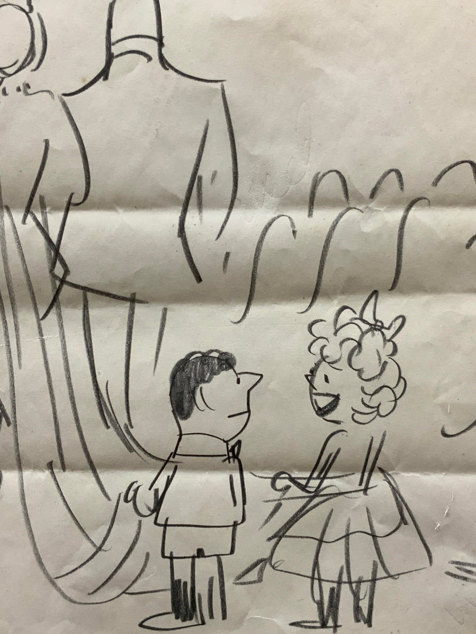 Shermund Stamped Wedding Graphite Cartoon: Stamped on lower left Shermund. Depicts a wedding with two children holding the train of the brides dress with text reading Mother has really such a mess of her life. Framed in a black wooden frame wi