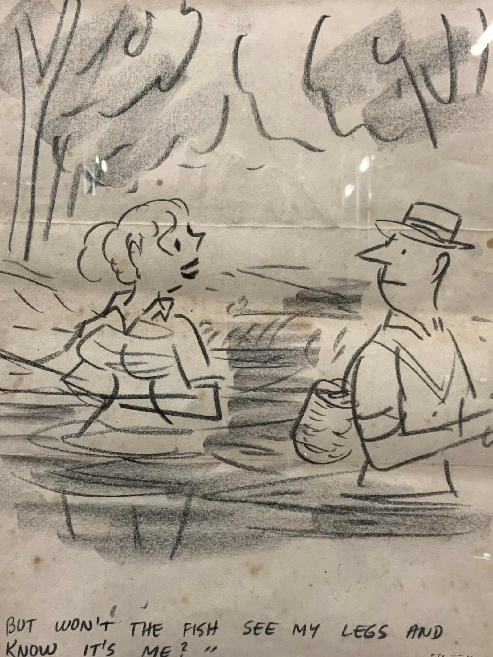 Shermund Stamped Graphite Cartoon Drawing: Stamped on lower right corner Shermund. Depicts a man and woman in a river fishing with the woman looking to the man with text reading, But wont the fish see my legs and know its me? Framed in a black