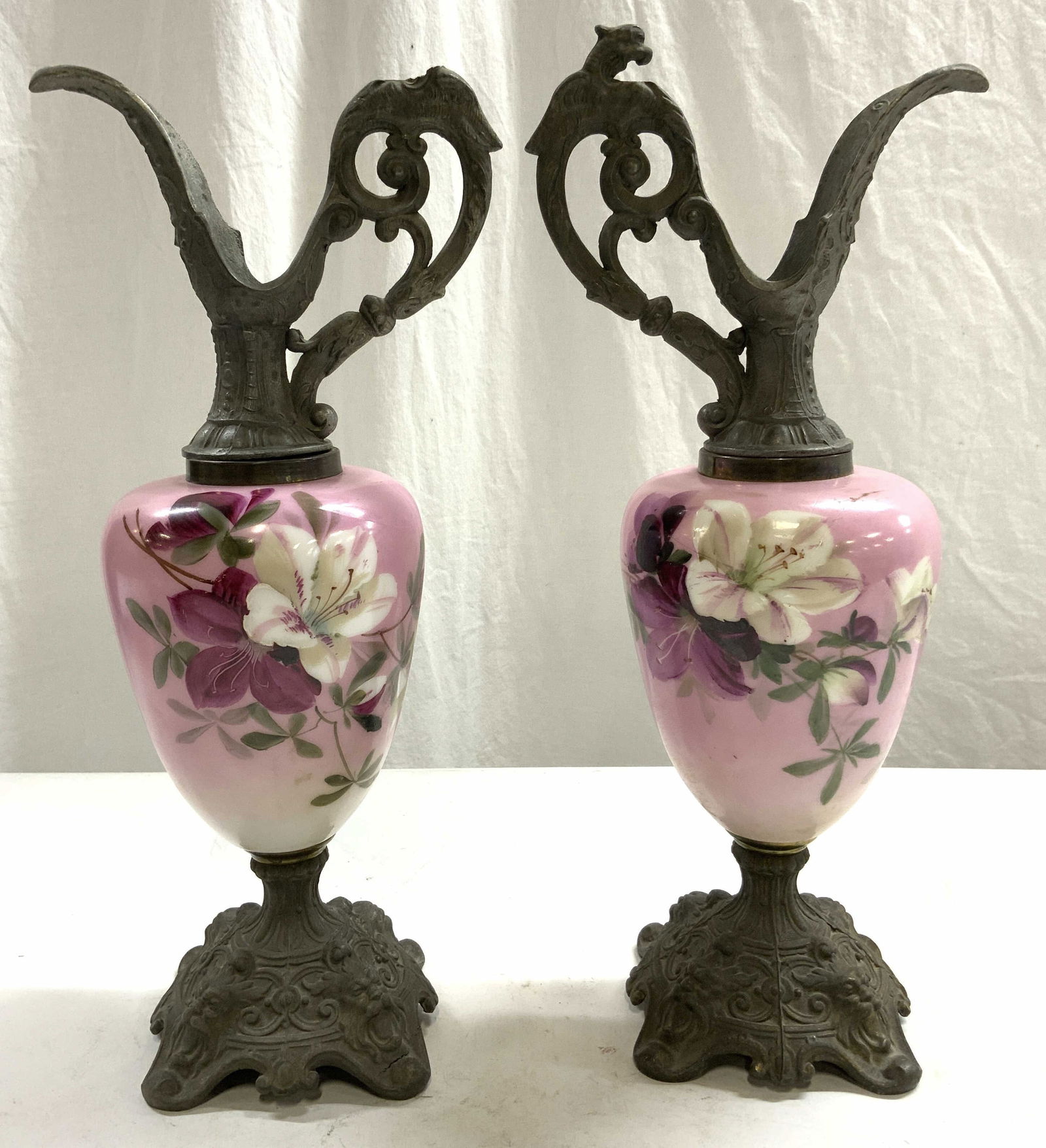 Pr Antq Ornate Victorian Porc & Metal Ewers 15.75i (1 of 11)