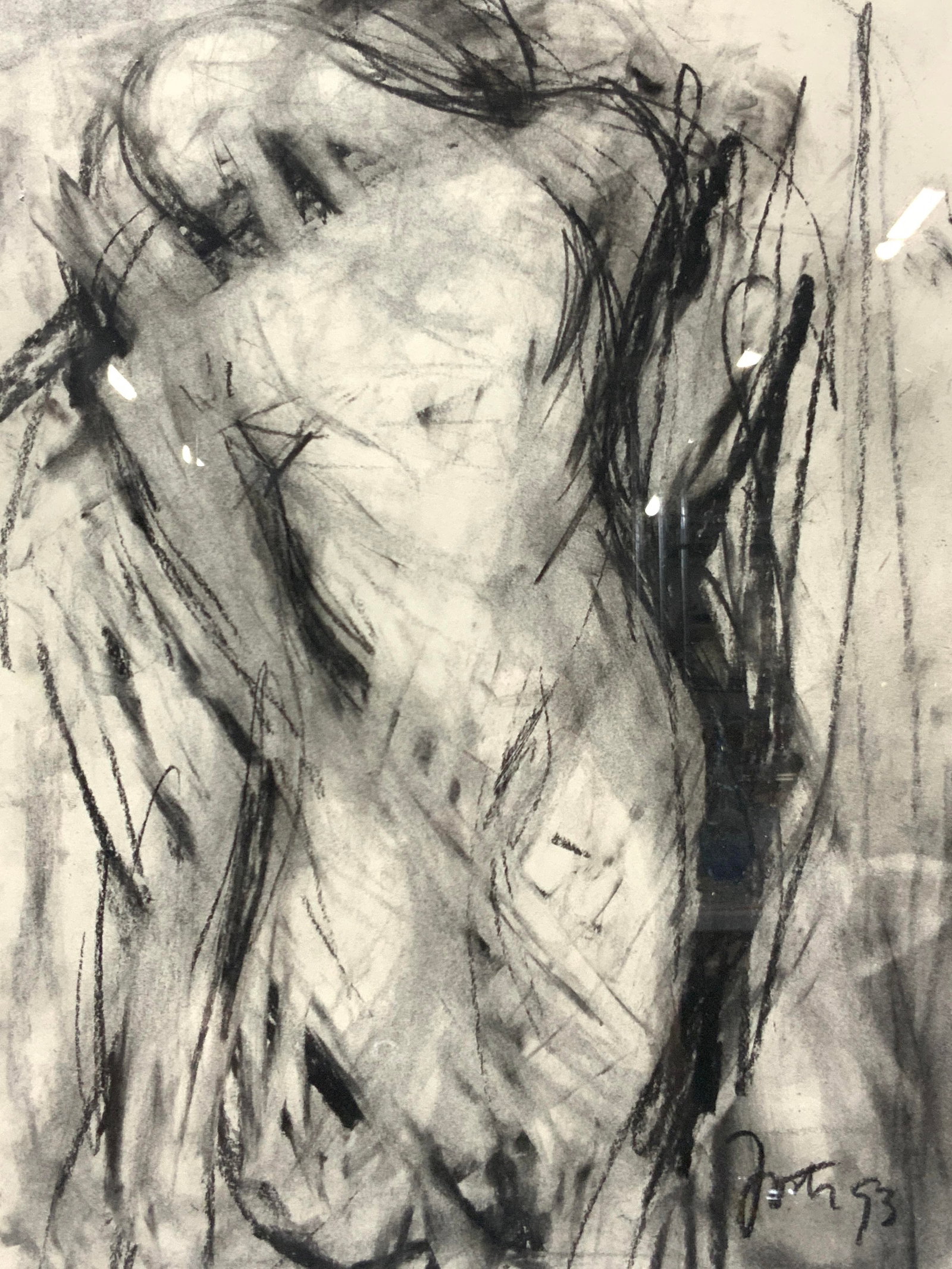 Sgd 1993 Abstract Figure Charcoal On Paper 2ft: Signed on lower right corner illegibly, 93 Depicts an abstract form with the outline of a nude female figure Framed in a light toned wooden frame with white mat board. Approx 24 x 21 inches window mea
