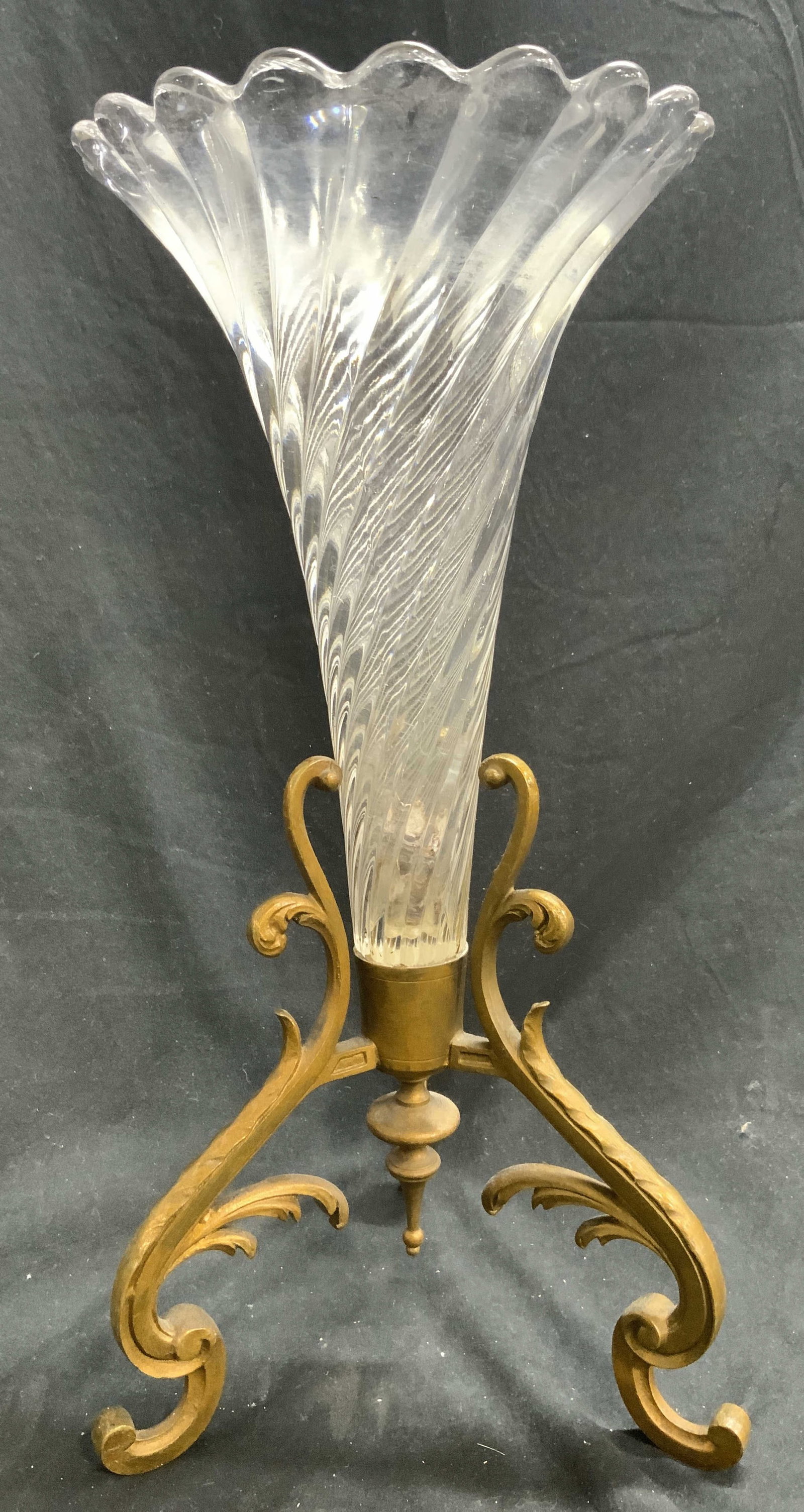 Vntg Crystal & Gilt Metal Epergne: Epergne is vintage. Piece has 3 gilt metal scrolled feel. Piece appears to be crystal, possibly glass. Epergne measures approximately 14.5 inches tall 7 inches wide. Epergne, vintage Epergne, vase, ce
