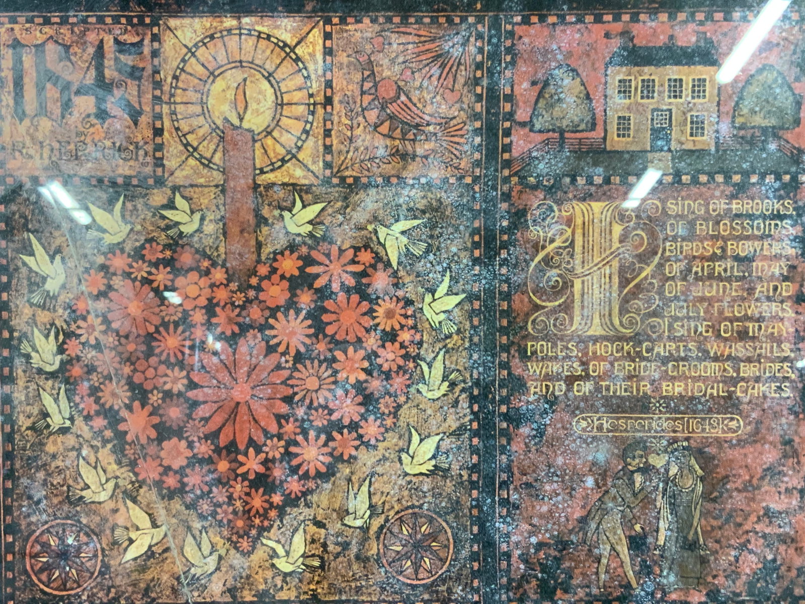 Scripted 1645 By R.Herrick Litho: Marked on upper left corner Scripted 1645 by R.Herrick and lower right corner reads Hesperides 1648. Depicting the sacred heat made of red flowers with a candle coming from the top with doves surround