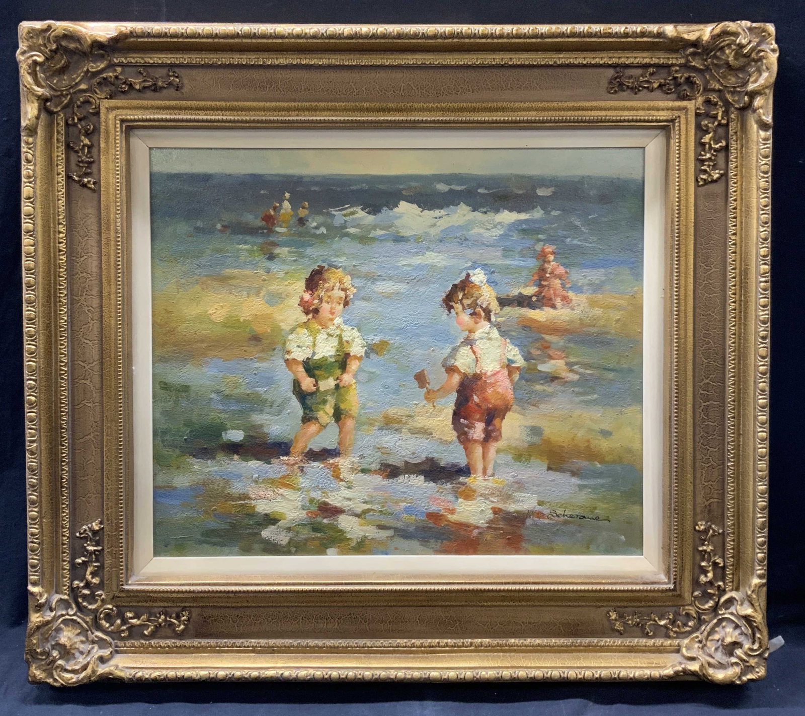 Signed Children On Beach Framed Oil Painting 35in: Signed framed oil painting. Subject depicts children playing in water on a beach in hues of blue and beige. Loose, sketchy brush strokes. Impressionist style. Signed to lower right, illegible. Certifi