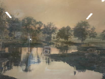 Wallace Nutting Sgd Tinted Photograph Litho: Signed on lower right corner in ink. Wallace Nutting. Depicts a landscape of a river near a meadow. Framed in a dark tan toned wooden frame with white mat board, approx 19 x 22 inches window 