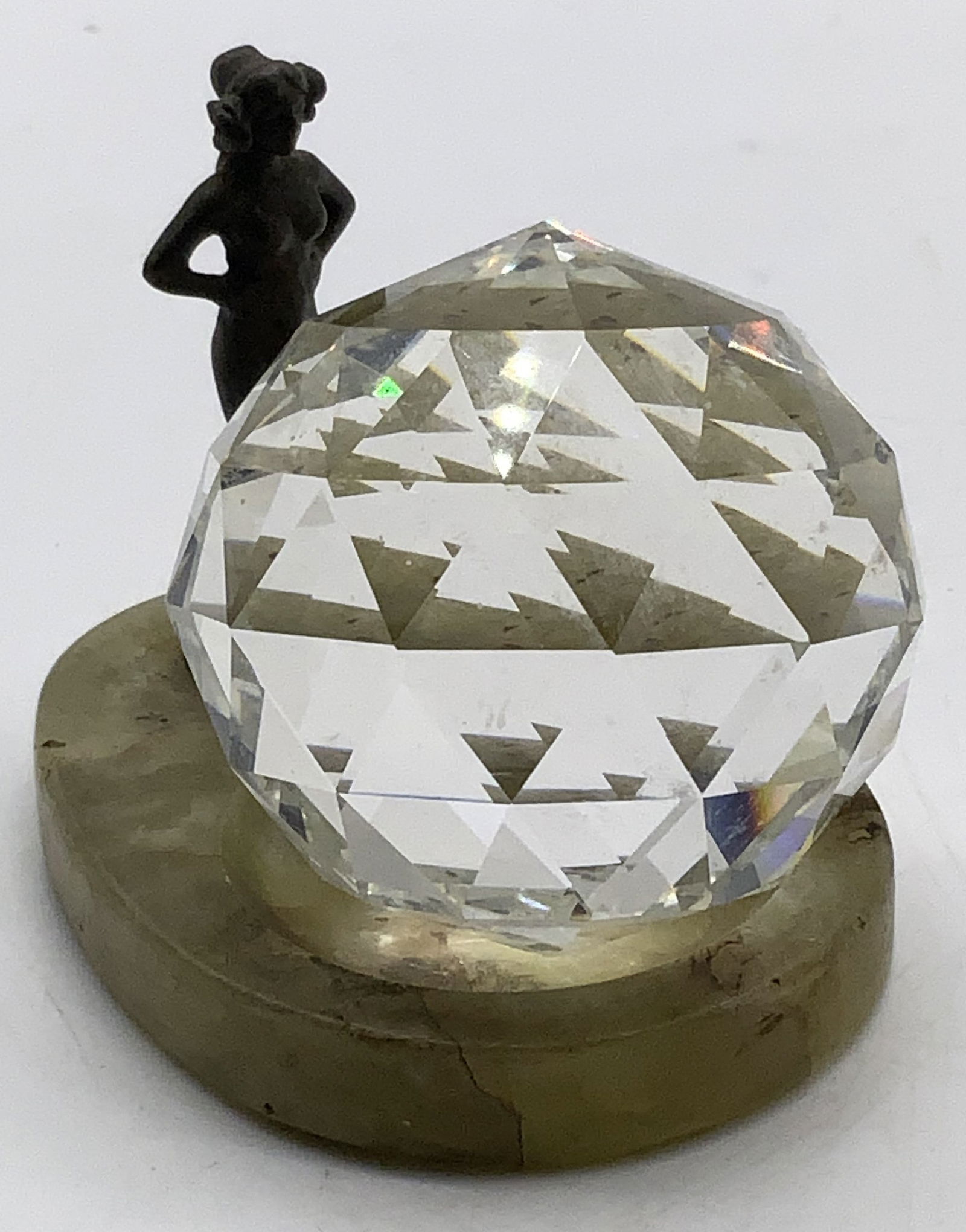 Austrian Crystal Paperweight w Figural on Stone: Faceted Austrian crystal orb that rests in a carved stone base with a bronzed metal figurine. Crystal Measures 2 x 2 x 2 in. Other piece measures 3 x 2 x 2.5 in tall Decorative arts, faceted Austrian