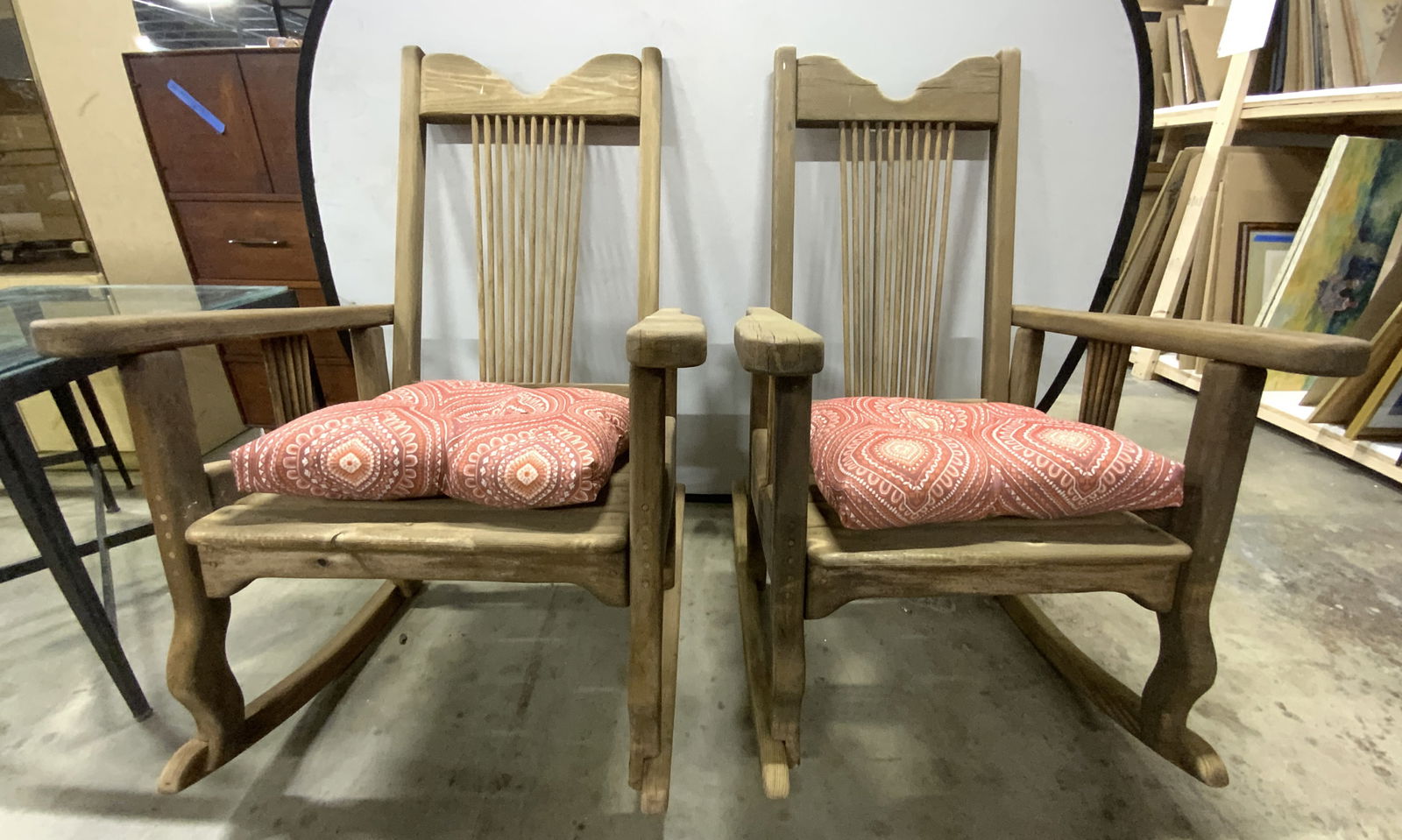 Vintage Pr Custom Made Rocking Chairs His&Hers USA: Custom made in Hill Country Texas in 1992, they are not an exact pair as one is slightly taller back and wider seat ( his and hers) Rocking chairs are vintage and wooden. Chairs each include red and c