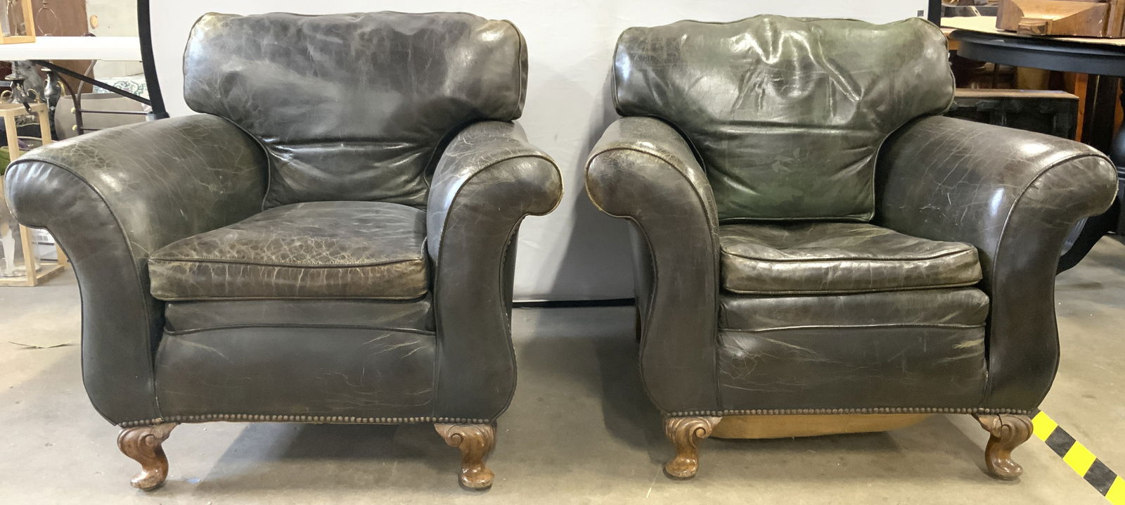 Pr Vntg Leather Armchairs W Carved Wooden Feet (1 of 12)