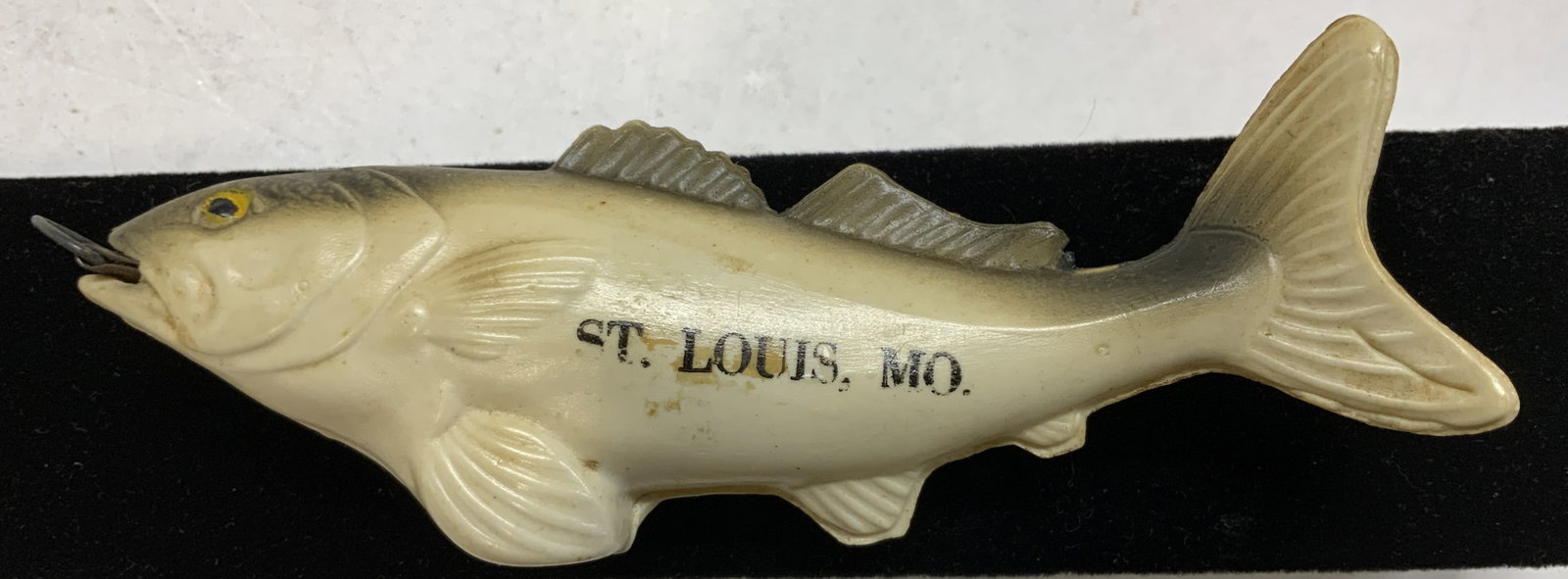 Fishing Rod Fish Figural, St Louis, Mo: Plastic fish bait fish Figural for fishing rod or as other nautical decor. Reads St. Louis, Mo on the side.,white and green. 4.5 in. Long. Up cycle use. Fish tree ornament, fishing rod plastic fish ba