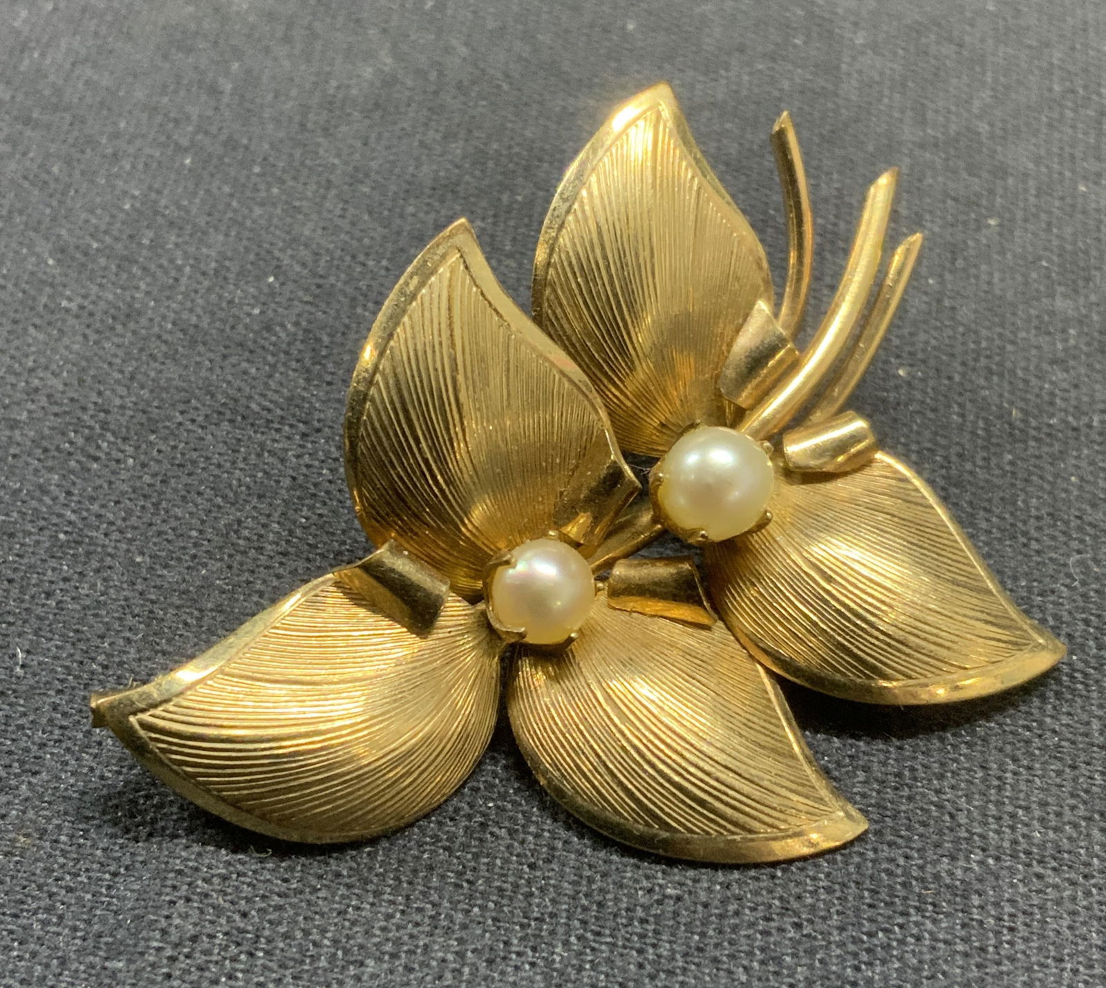 Signed Gold Plated Faux Pearl Leaf Brooch (1 of 7)
