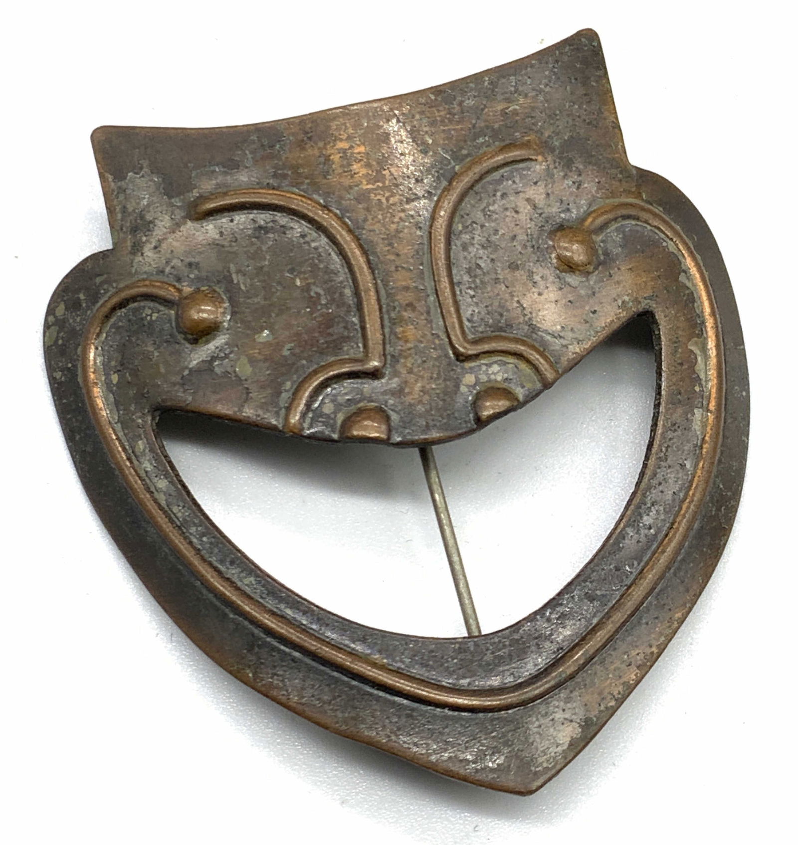 FRANCISCO REBAJES Comedy Mask Brooch Face Mask: A Vintage FRANCISCO REBAJES Style Copper Comedy Mask Brooch Face Mask. No apparent markings, possibly FRANCISCO REBAJES or inspired by. Raised metalwork to the obverse, metal pin closure to the revers