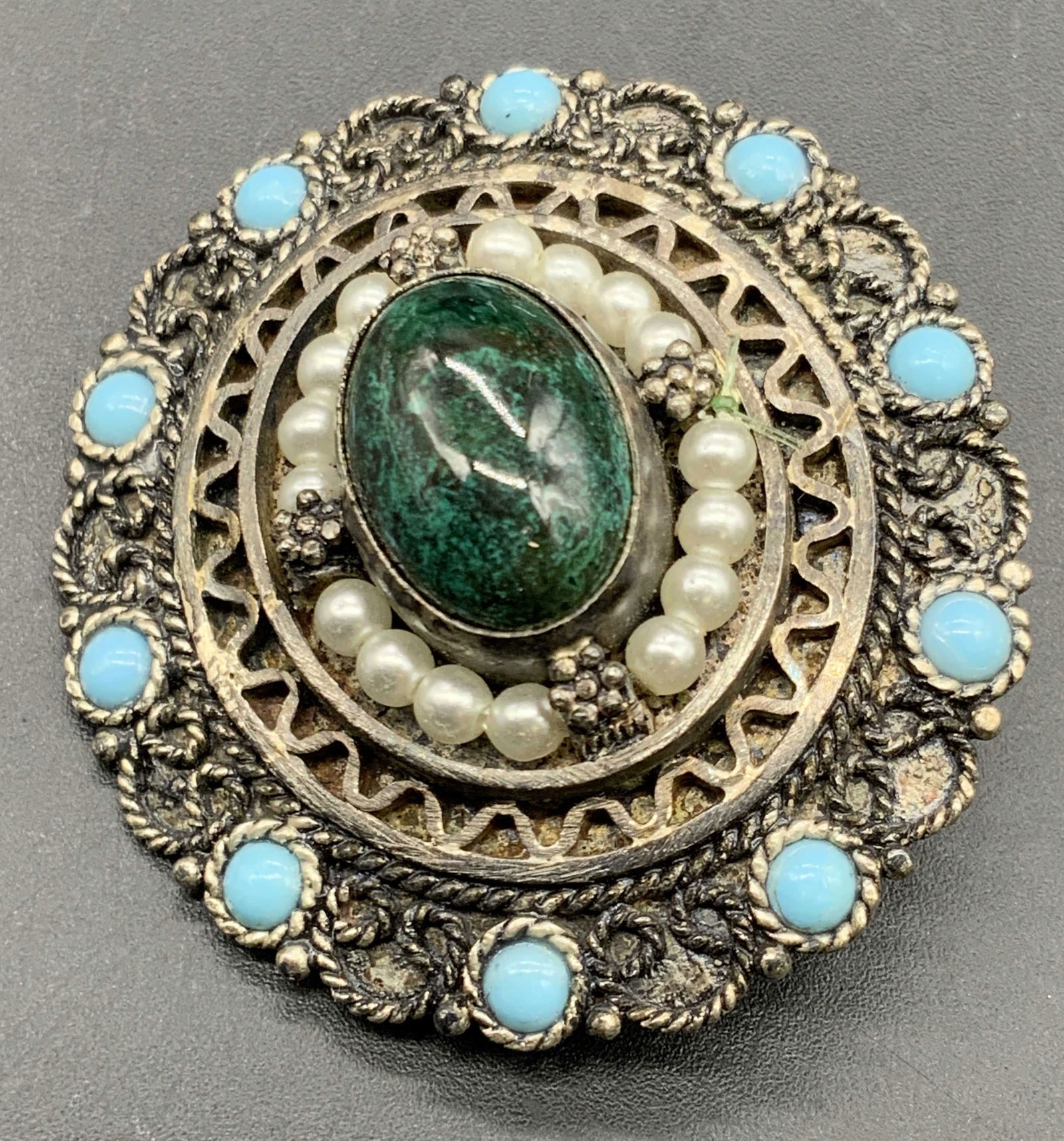 STERLING SILVER Costume Cabochon Brooch, ISRAEL (1 of 7)