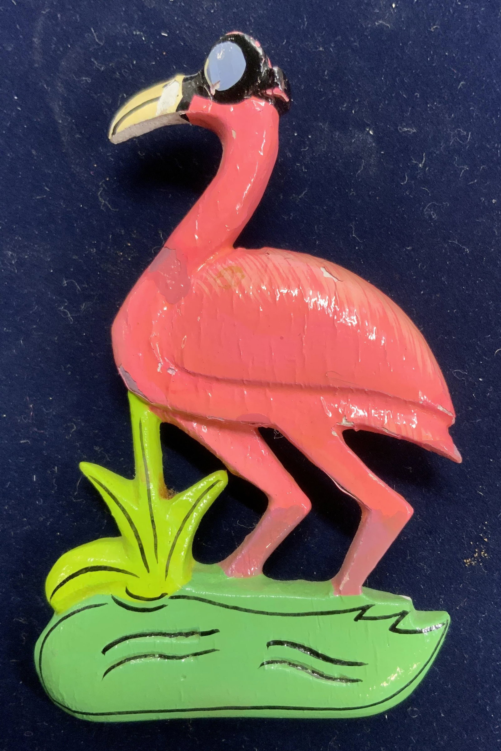 Painted Wooden Flamingo Brooch: Hand made and hand painted flamingo brooch. Made of wood. Flamingo is wearing goggles. Light wear to paint. Bright colors, fun fashion..3.5 x 2 in. Chunky jewelry, Jewelry, vintage jewelry, Estate Jew