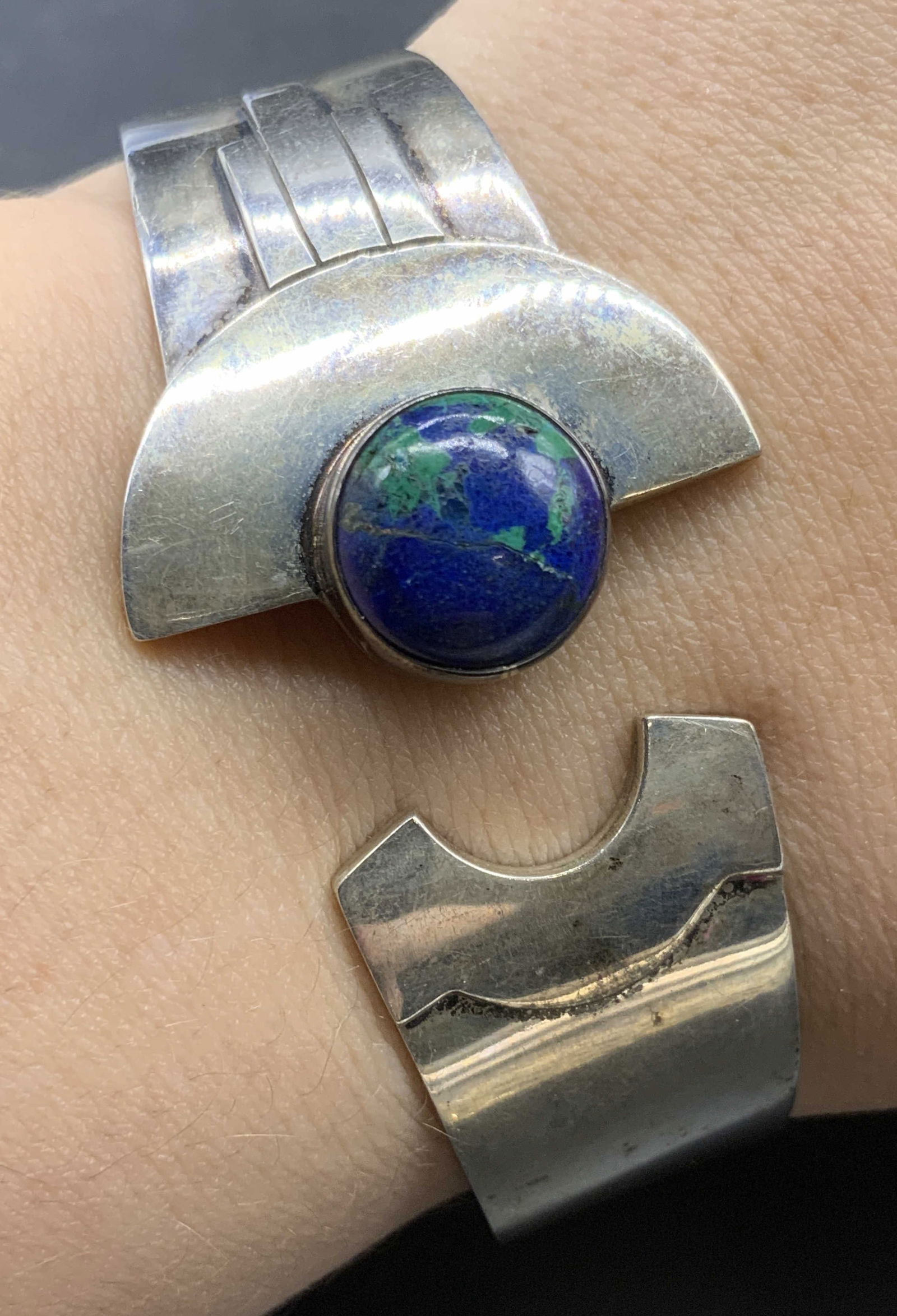 Vntg Sterling Silver Blue Cabochon Cuff Bracelet (1 of 7)