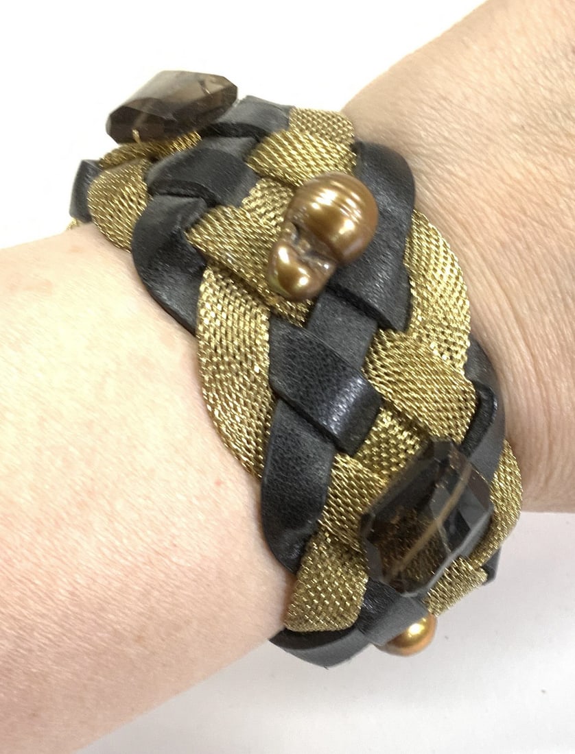 Smokey Quartz & Pearl Gold Tn Mesh Bracelet (1 of 9)