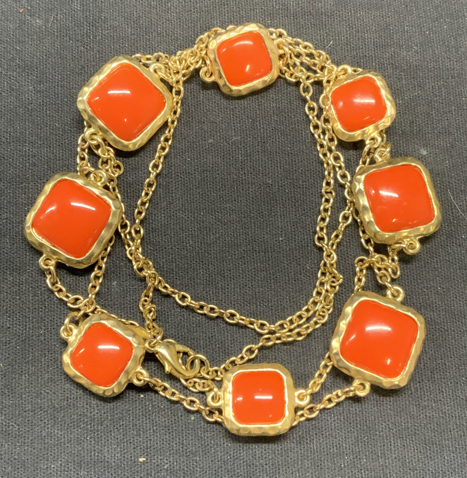 Pure Gold Tone Coral Cabochon Necklace: Pure gold tone chain necklace with coral toned cabochons. Signed on hang tag, drop length approx. 18 inches. Some scratching observed. Estate jewelry, costume jewelry, cocktail jewelry, fashion jewelr