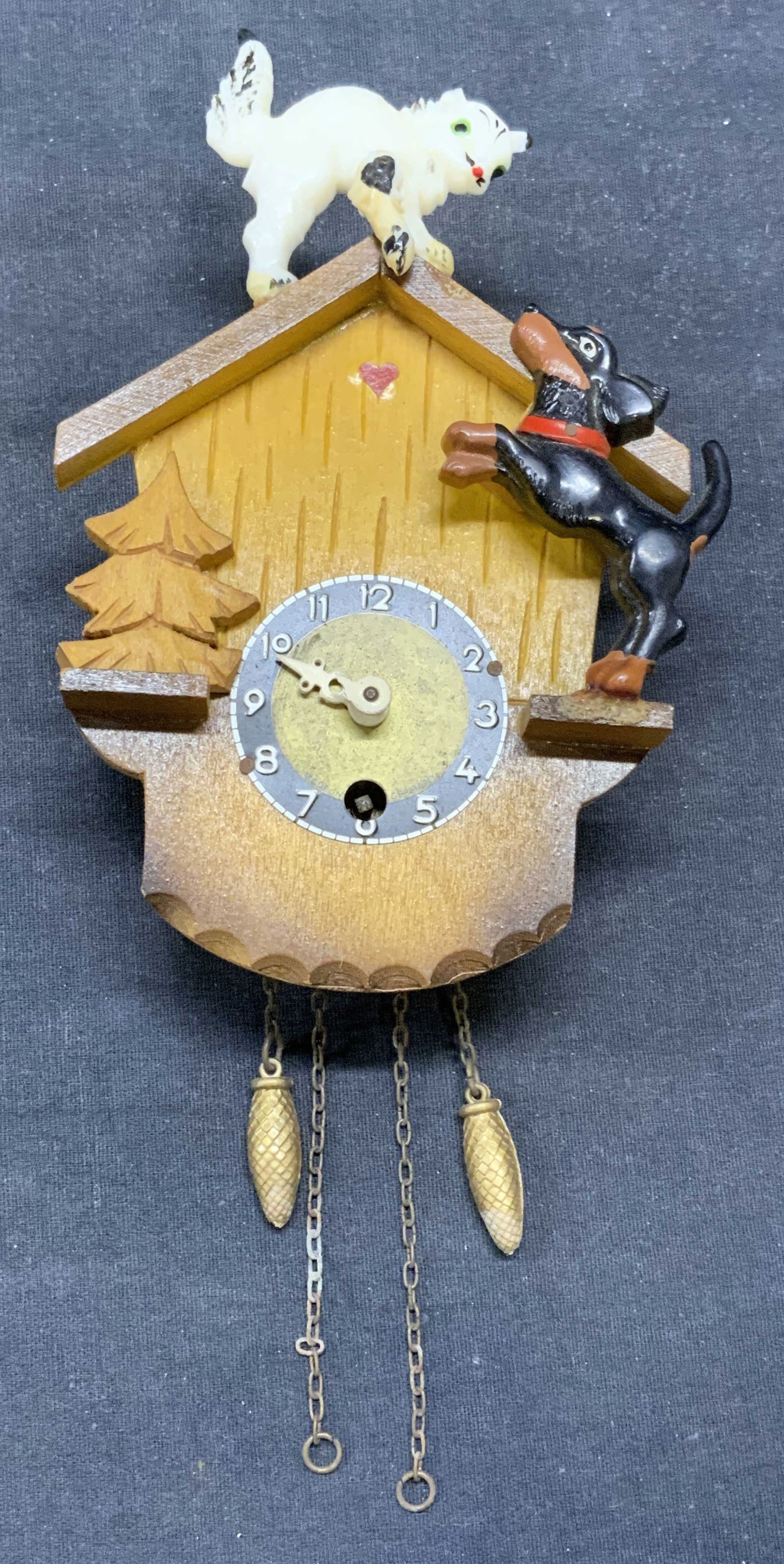 Vintage Cat & Dog Chalet Wood Clock 6.25in Germany (1 of 10)