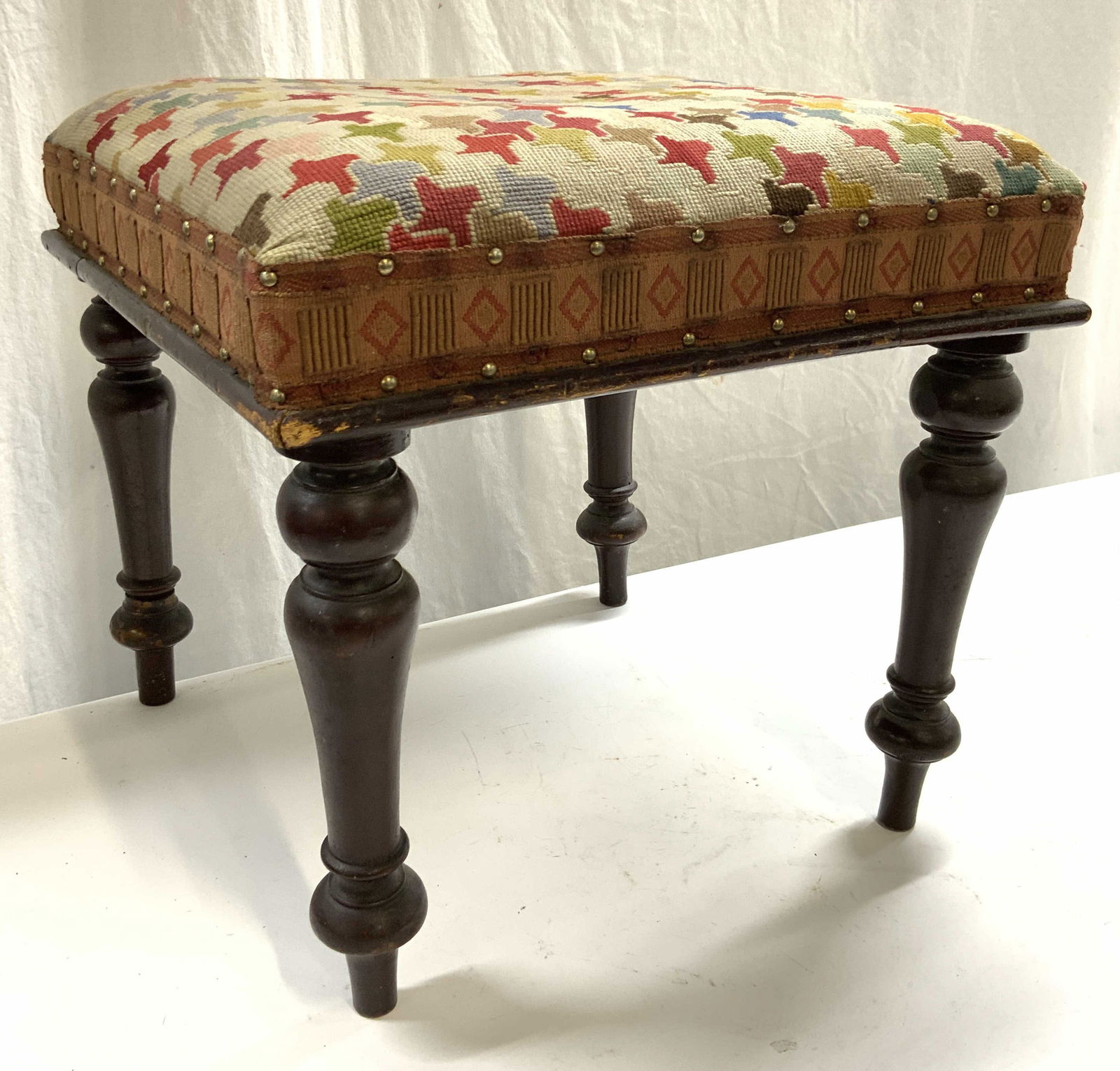 Antq William IV Carved Wooden Upholstered Stool (1 of 9)