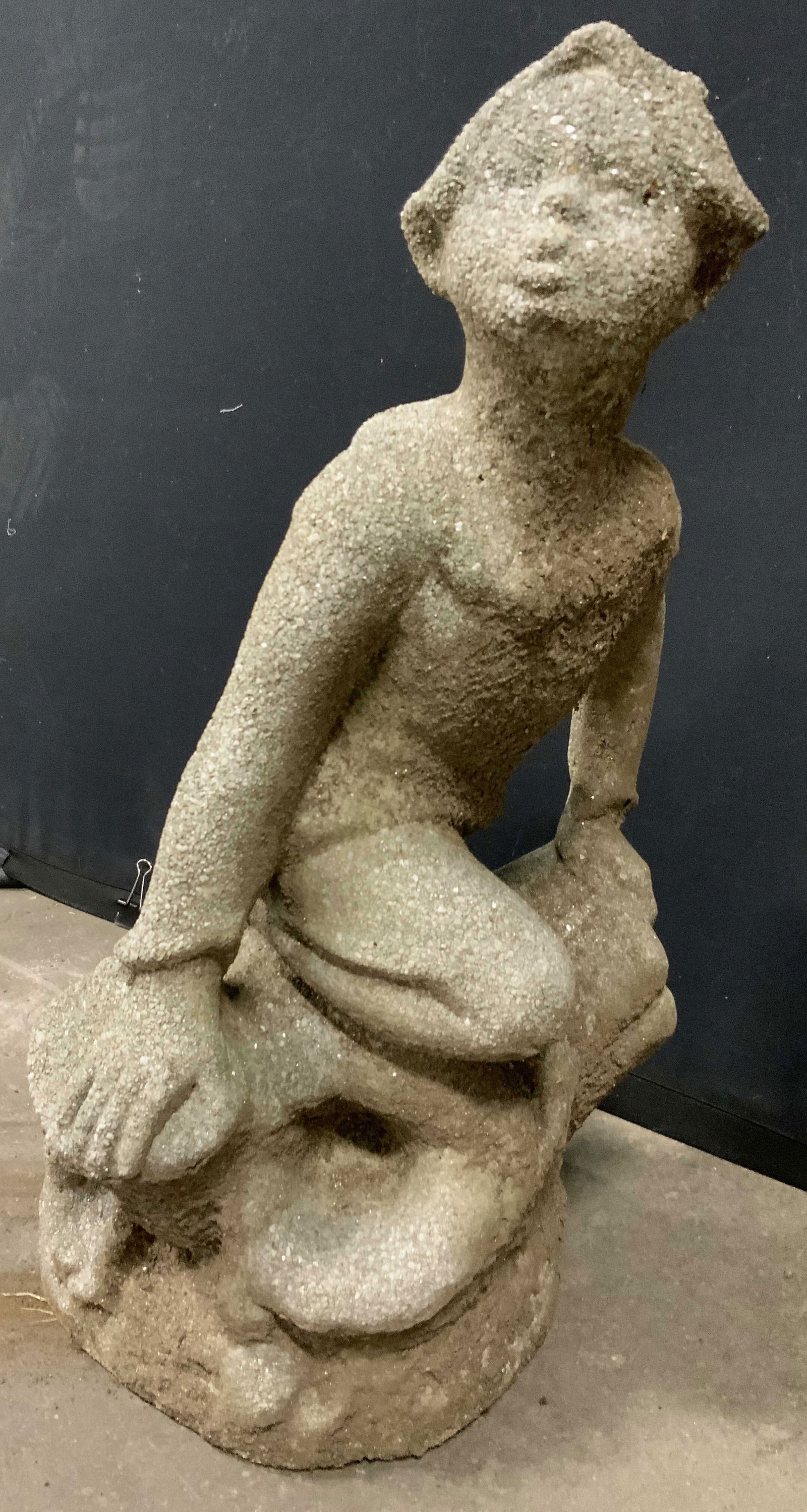 Vntg Cast Concrete Garden Pixie Statuary 21in: Garden statuary is vintage. Piece is slate toned cast concrete. Statuary depicts a garden pixie wearing hat. Statuary is vintage circa 1940s. Measures approximately 21 inches tall 11 inches wide 15 in