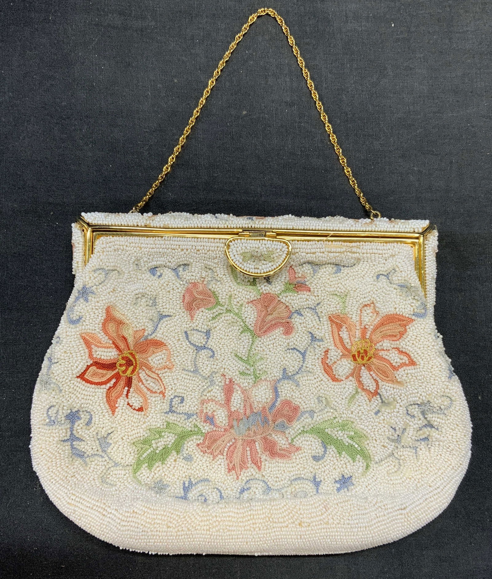 Vtg Josef White Beaded Floral Handbag, France (1 of 7)