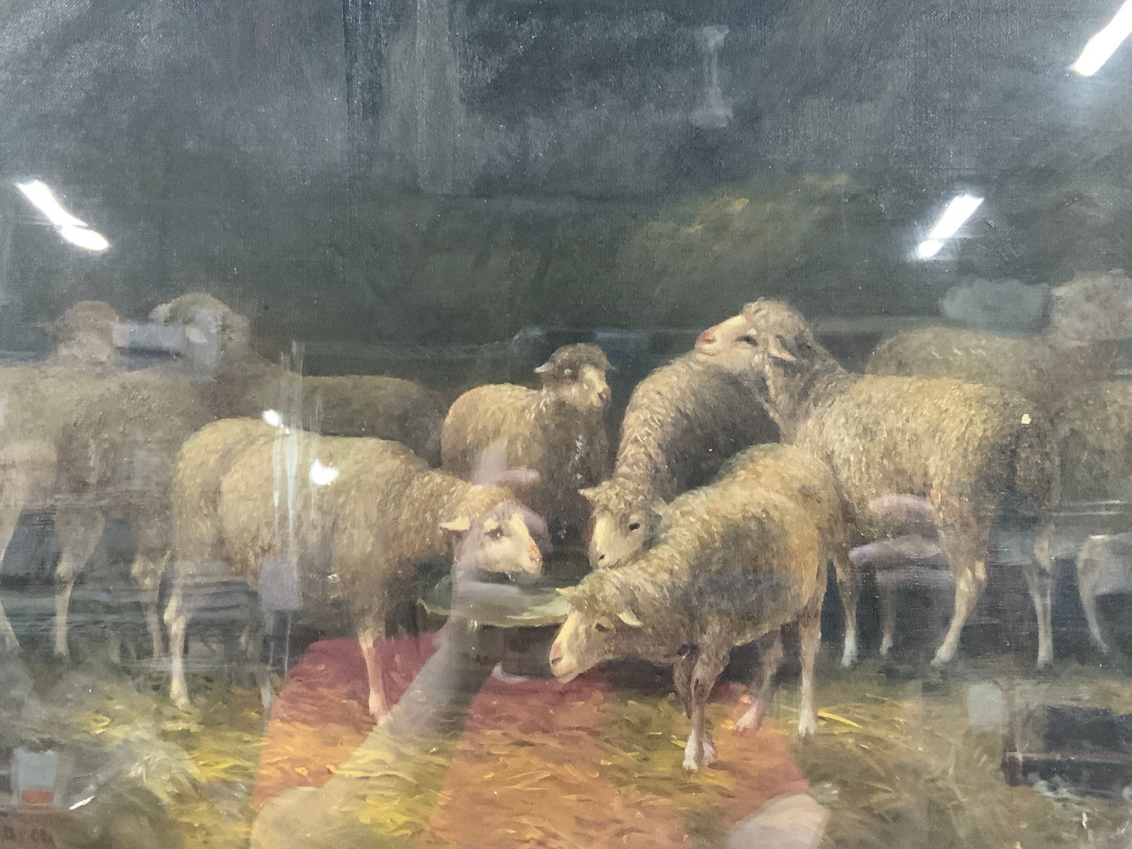 Henry Carey Antq Sheep In Barn Oil Painting 37in (1 of 11)