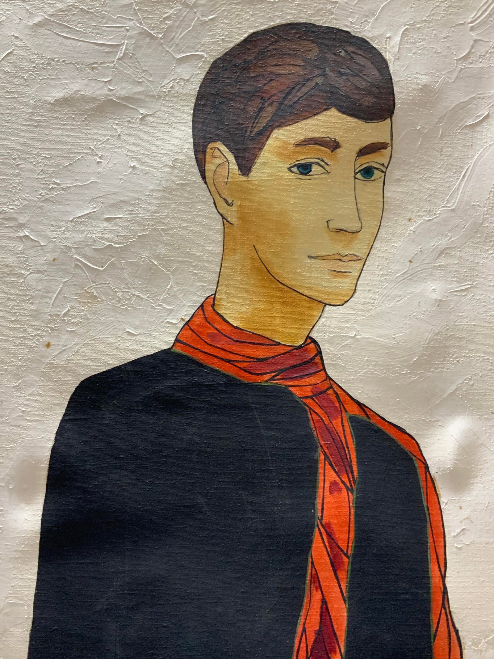 Sgd Portrait Oil Painting: Signed on lower right corner. Depicts the standing portrait of a man in a black shirt and red scarf. Framed in a black wooden minimalist frame. Approx 35 x23 inches window measures 34 x 22 inches Evid