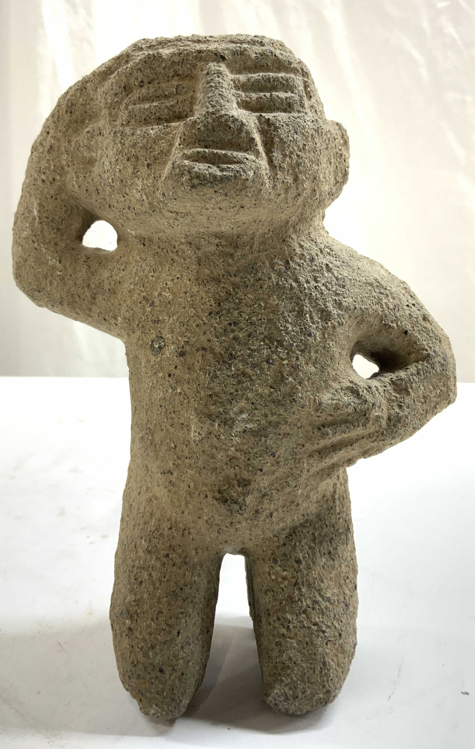 Antq Cement Pre Columbian Kneeling Male Nude Figural: Piece appears to be antique pre Columbian. Figure appears to be cement possibly stone. Piece depicts a kneeling male figure with hand on head and hand on stomach. Nude figure measures approximately 6.