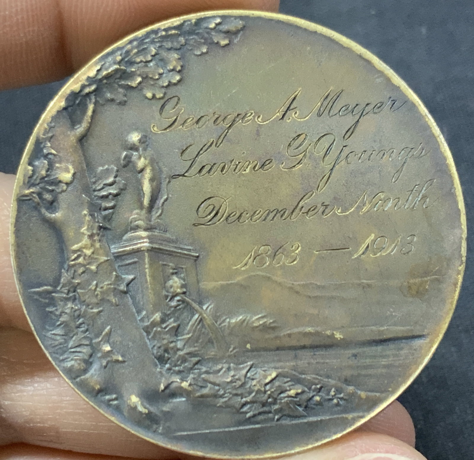 Antq 1913 Sterling Silver Marriage Medallion: Antique sterling silver marriage medallion, embossed on one side is a man and a woman with the word Semper. The other side reads George Meyers and Laraine Youngs, 1863-1913 Approx 2 inch wide, total w