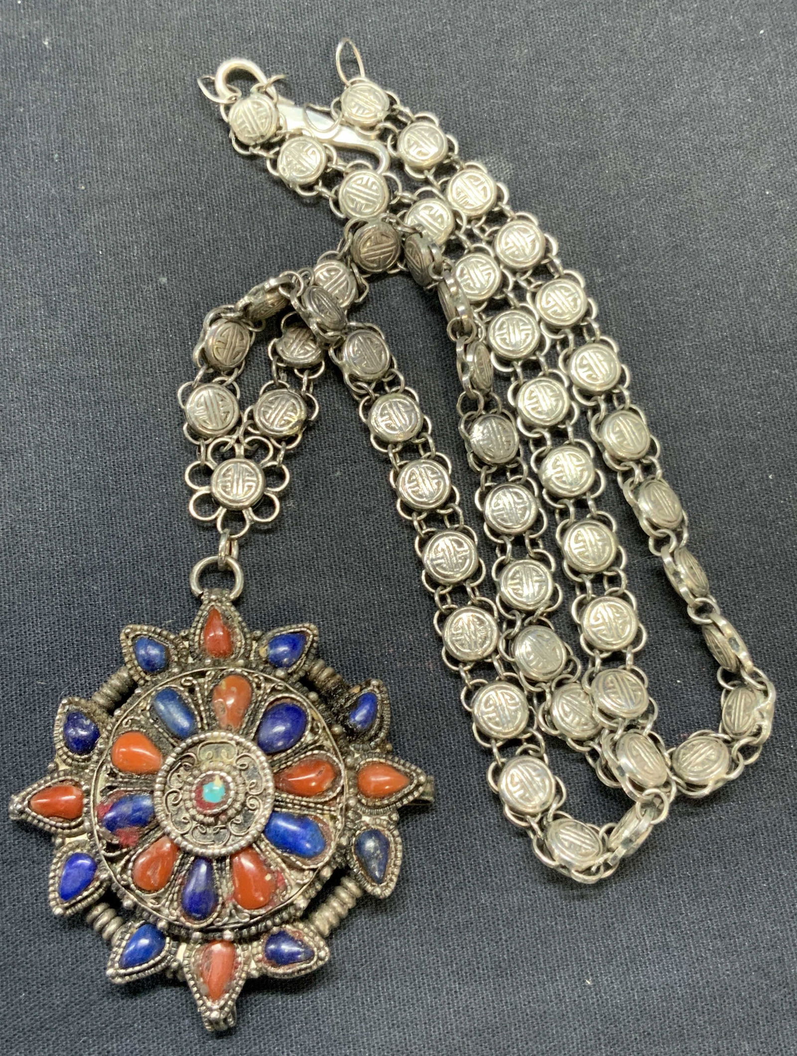 Vintage Sterling Silver Lapis & Coral Necklace (1 of 6)