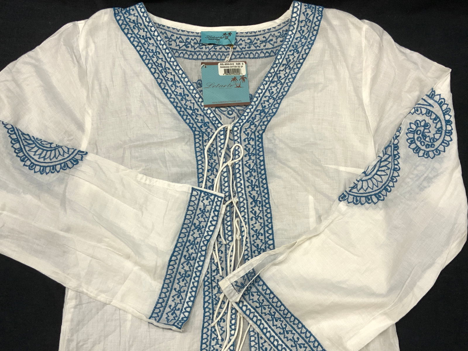 LETARTE Hawaii Cotton Swimsuit Cover Up, NWT: LETARTE handmade cotton swimsuit cover up in white with blue embroidery and large paisley embroidery. Long sleeves. Sheer, cool fabric. 31 in. Long. Made in Hawaii boutique wear. New with tag attached